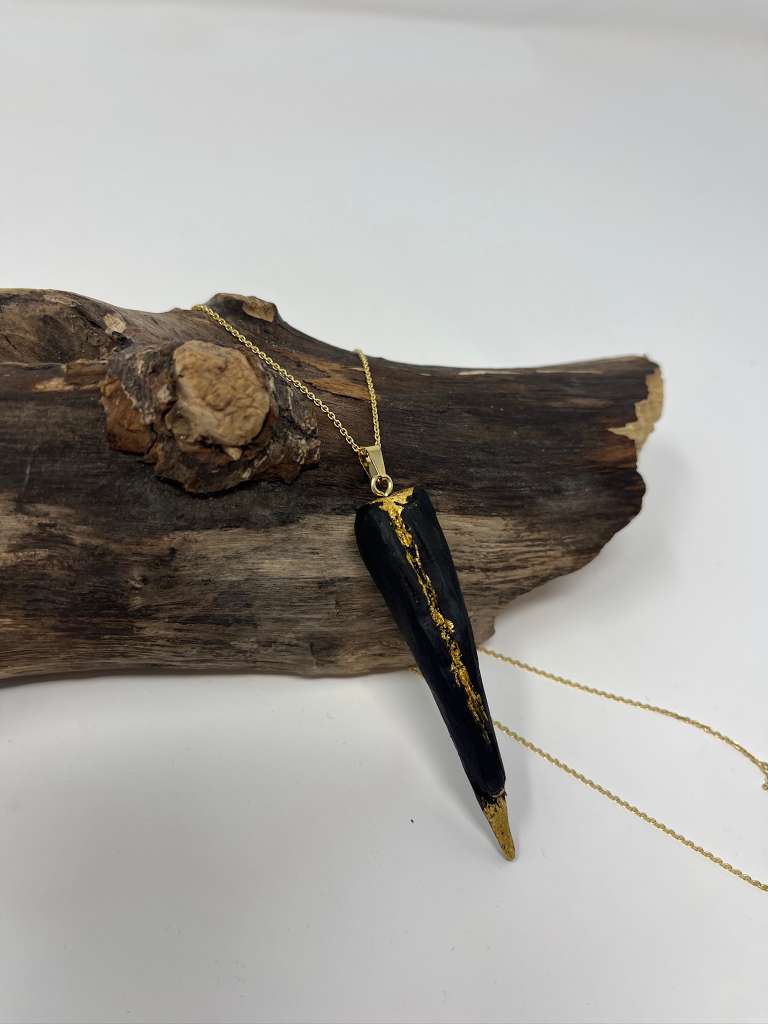 Ancient Irish Bog Oak Gold Leaf Pendant