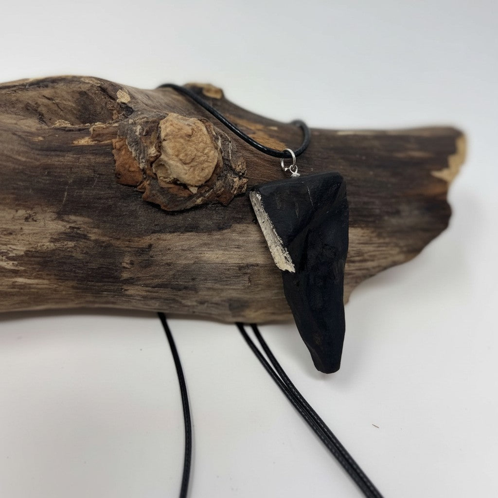 Ancient Irish Bog Oak Silver Leaf Pendant with Faux Leather Cord