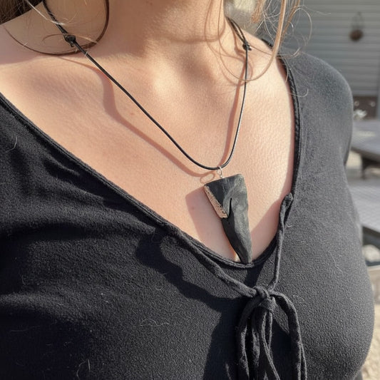 Ancient Irish Bog Oak Silver Leaf Pendant with Faux Leather Cord