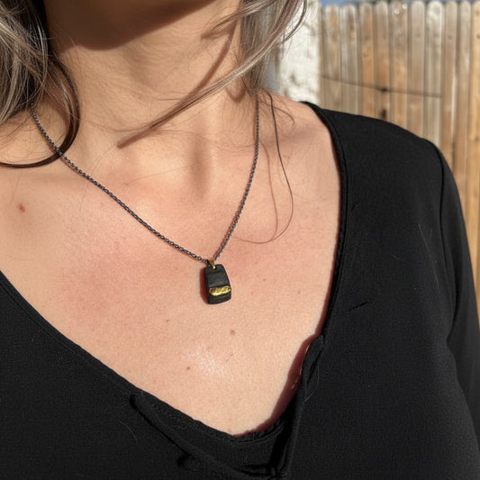 Ancient Irish Bog Oak Gold Leaf Pendant with Burnt Brass Chain