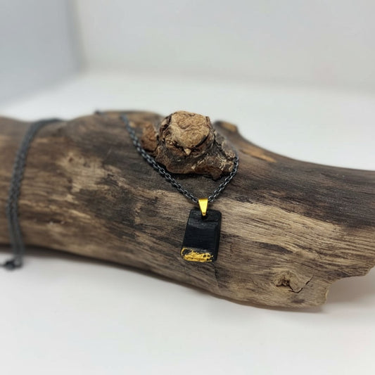 Ancient Irish Bog Oak Gold Leaf Pendant with Burnt Brass Chain